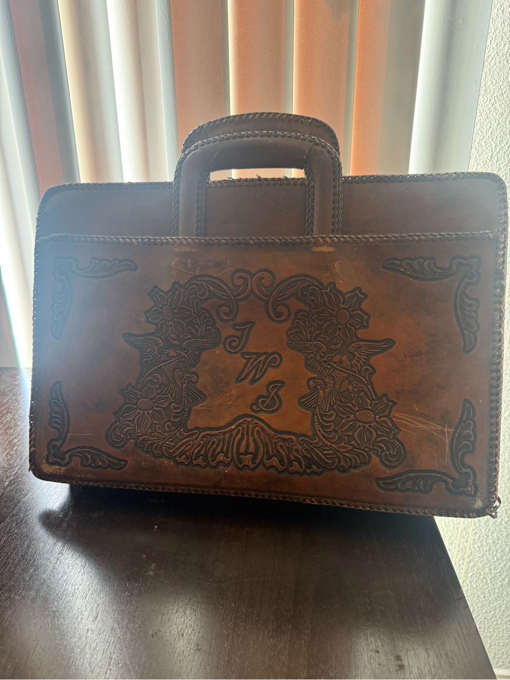Handcrafted Brown Tooled Leather Briefcase - Vintage Style